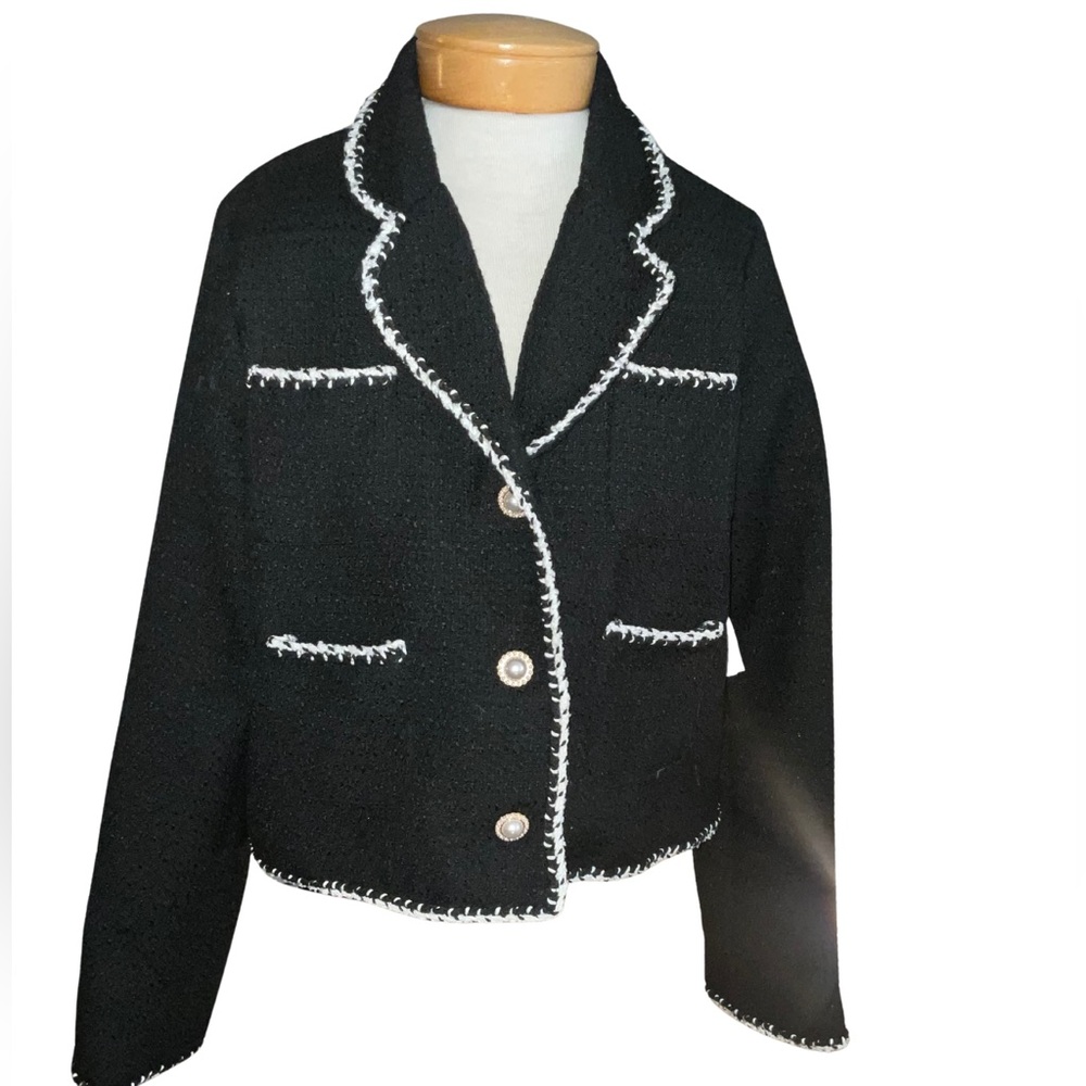 Ellen Tracy Black Boucle Blazer Pearl Buttons NWT L French Style Tweed Trim - Picture 5 of 14